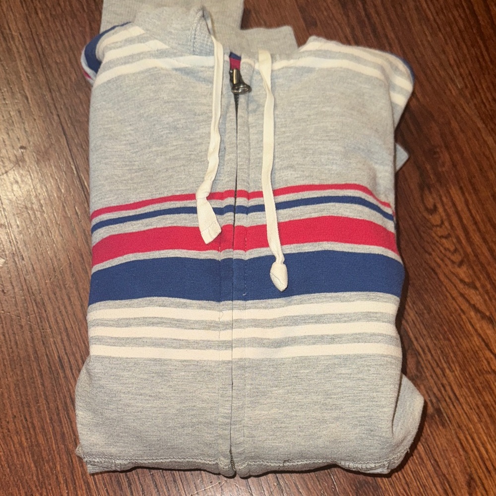 Zip-Up Sweater with Red and Blue Stripes